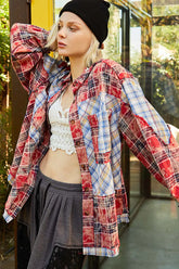 POL Plaid Patchwork Long Sleeve Shirt with Raw Edge Detail OutfitFlow